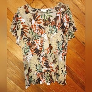 Dressbarn brown floral pleated short sleeved lightweight blouse size medium